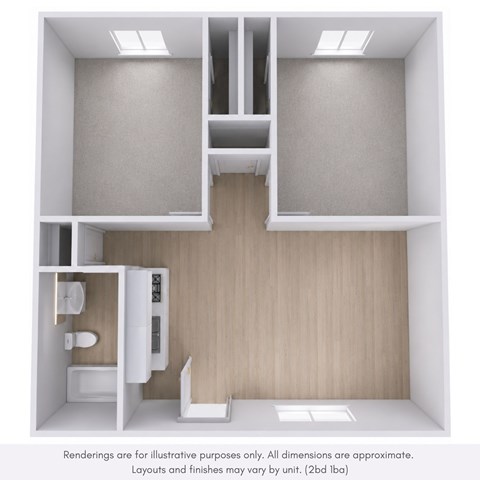 Floor plan for 2 beds, 1 bath, 950 sqft